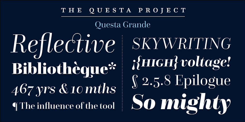 It is part of a type system called The Questa Project, containing a serif, a matching sans and a matching display version.